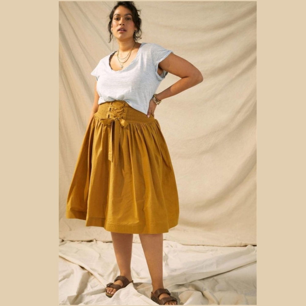Anthropologie Let Me Be Lynsey Smocked Lace-Up Midi Skirt Size 16w